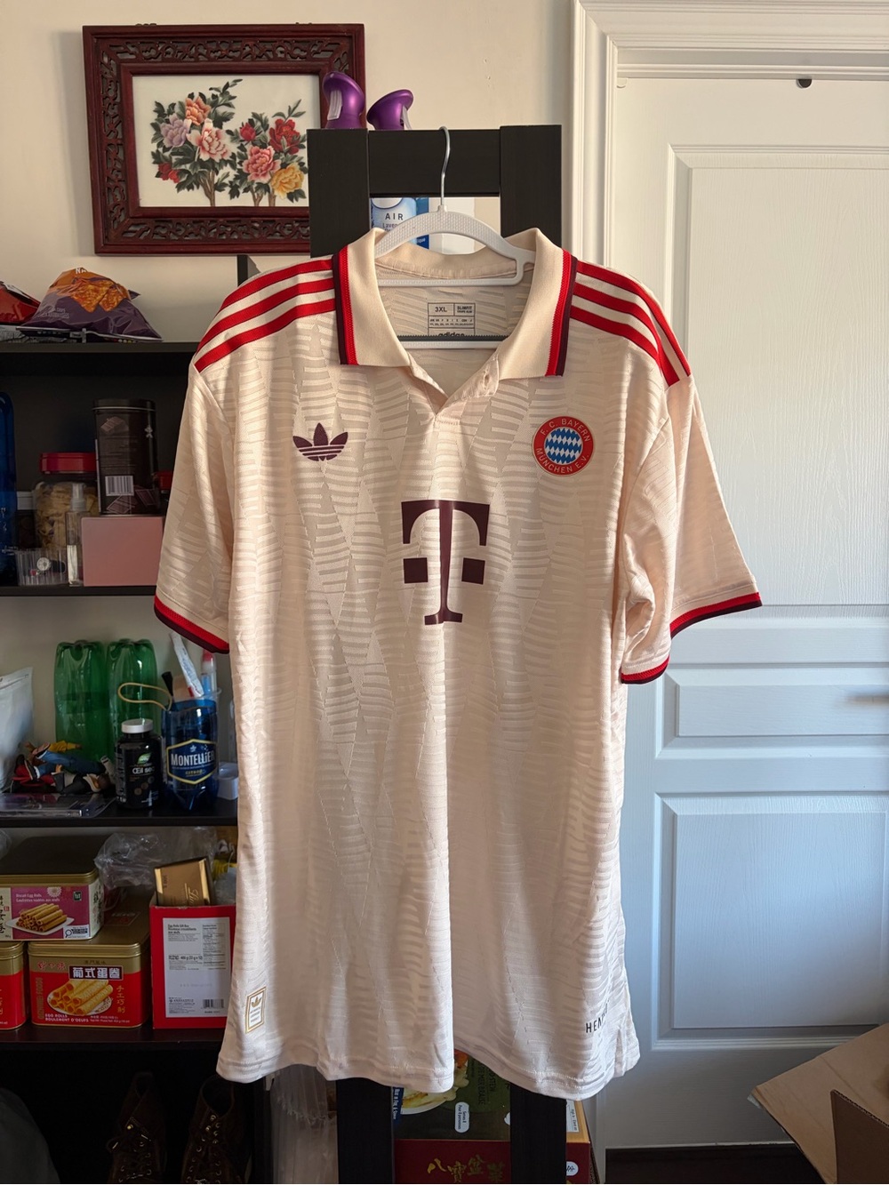 adidas Cream and Red Bayern Munich Retro Football Polo Shirt